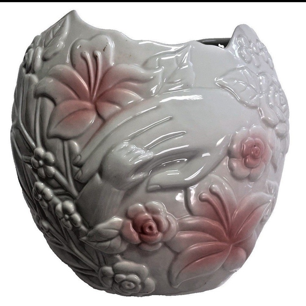 Vintage FTD White Pink Ceramic Hand Lily Rose Embossed Vase Planter‎ 615 Taiwan
